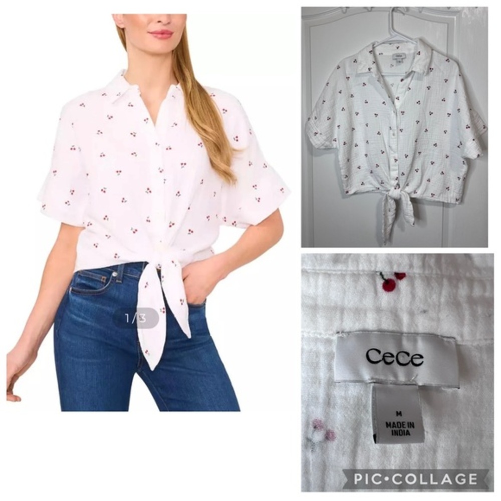 CeCe Women's Printed Cotton Dolman-Sleeve Button-Front blouse size M